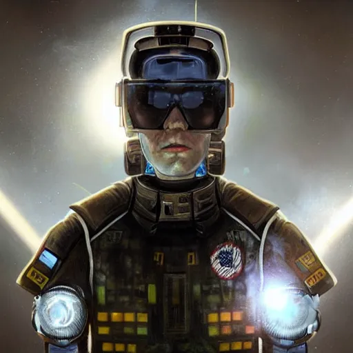 Image similar to Unreal render Bust Portrait of Dustin Bates from Starset in a sci fi uniform with a BMI on his temple; hyper realistic, high detail, artstation, deviantart