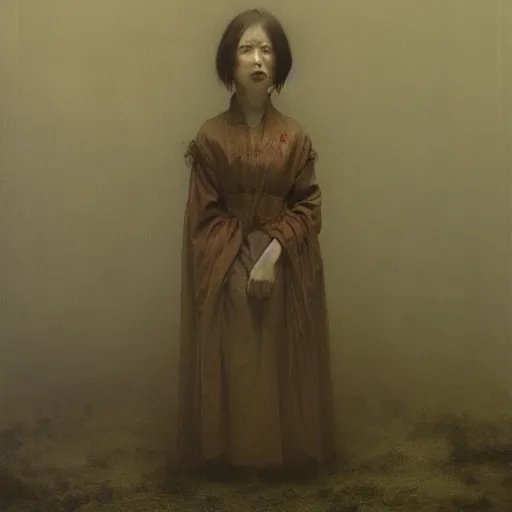 Image similar to style by millais, ( ( ( ( ( ( ( ( by beksinski ) ) ) ) ) ) ) ), portrait painting of victorian era yokai, 8 k, haunting, highly detailed, octane render, by millais,