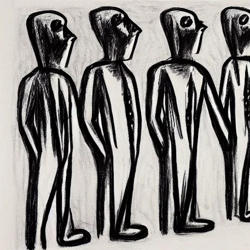 Image similar to mournful ultraviolet by bill ward, by ben shahn. a beautiful drawing of a group of people standing in a line. they are all facing the same direction & appear to be waiting for something.