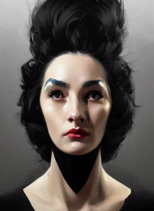 Image similar to portrait of a woman with a crooked nose and a confident expression, 1 9 6 0 s, black clothes, punk, funk, intricate, elegant, highly detailed, digital painting, artstation, concept art, smooth, sharp focus, illustration, art by wlop, mars ravelo and greg rutkowski