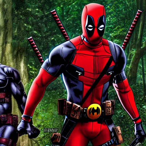 Image similar to deadpool and batman in the woods digital art 4 k detailed super realistic