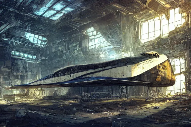 Prompt: abandoned wrecked space shuttle in the interior of an ancient abandoned sci - fi factory an old oak tree grows from the floor golden rays of sunlight enter through the window gold neon lights digital art trending artstation