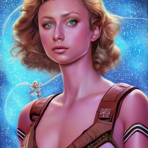 Prompt: Aly Michalka as a stunning , beautiful retro SCI-FI space heroine 1985 , movie poster, intricate, elegant, highly detailed, centered, digital painting, trending on artstation, concept art, smooth, sharp focus, illustration, art by artgerm and donato giancola and Joseph Christian Leyendecker, Ross Tran, WLOP