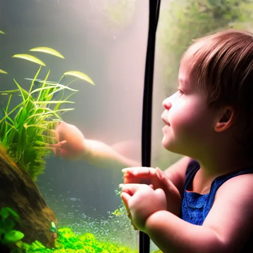 Prompt: closeup portrait of beautiful kid with perfect face kissing the glass of a beautiful aquarium, the kid is in a tent with a lantern, excitement, surprise, happiness, professional photoshoot, kodak portra, photographed in film, soft and detailed, realistic, bokeh