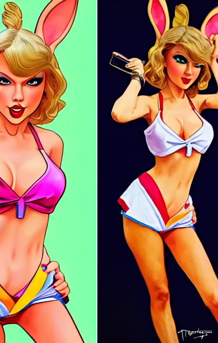 Image similar to Taylor Swift Cosplaying as Lola Bunny, modeling, posing, playboy bunny, gta 5 skin tone, Tooth Wu Artgerm Alphonse Mucha Beeple, 8k, fanart, extreme aesthetic