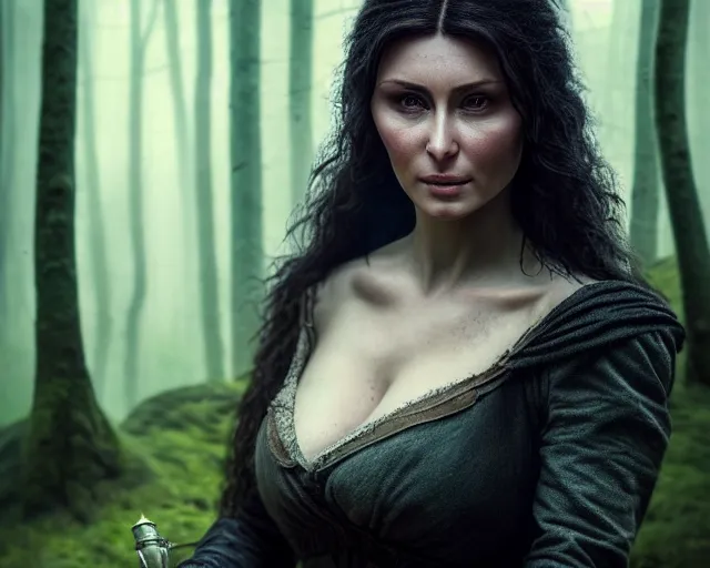 Image similar to 5 5 mm portrait photo of olga kurilenko as real life tough looking yennefer of vengerberg, in a forest. magical atmosphere. art by greg rutkowski. highly detailed 8 k. intricate. lifelike. soft light. nikon d 8 5 0.