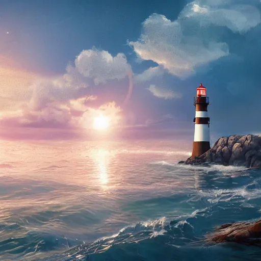 Image similar to plenty of floating birthday balloons. beautiful sea with a lighthouse. digital art, highly - detailed, artstation cgsociety masterpiece