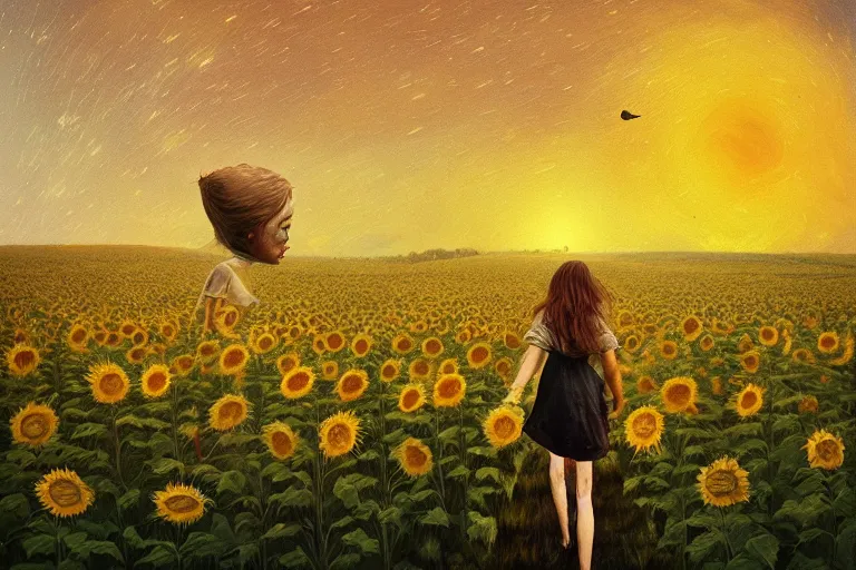 Image similar to huge sunflower head, girl walking in wheat field, hills, surreal photography, dark night, star trails, dramatic light, impressionist painting, clouds, digital painting, artstation, simon stalenhag