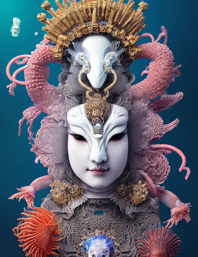 Image similar to 3 d goddess close - up portrait with crown, ram skull. beautiful intricately detailed japanese crow kitsune mask and clasical japanese kimono. betta fish, jellyfish phoenix, bioluminescent, plasma, ice, water, wind, creature, artwork by tooth wu and wlop and beeple and greg rutkowski