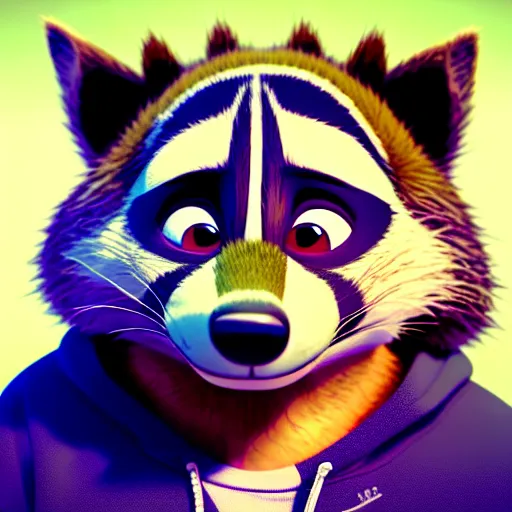 Image similar to a relaxed stoner with a black hoodie on with a marijuana themed dark green raccoon head from zootopia, 3 d, blender 3 d, render, extremely detailed, 8 k, has cracked red eyes