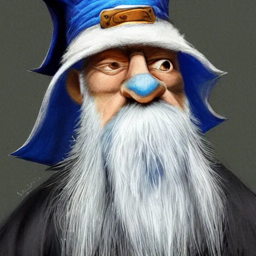 Image similar to character concept art of a kind old wizard with a long white beard looking a confused, holding a pet chicken perched top of his hat, wearing a blue robe, blue eyes, realistic, detailed, trending on ArtStation, by John Howe