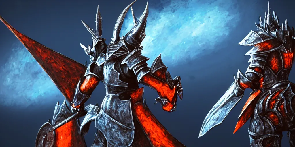 Image similar to closeup of a 3 d model of knight from behind with a lance and shield in the style of final fantasy and a 3 d model dragon in the style of monster hunter breathing fire on him, realistic, fisheye lense, blue and orange lighting, rim lighting, cinematic feel, in a forest, art by unreal engine 4, game art, trending on art station