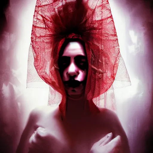 Image similar to beautiful Hindu lady of the dark with veil, in darkness, cover with blood, horror terrifying, soft light, surreal realistic, photorealistic, hyper details, full HD, 8k!