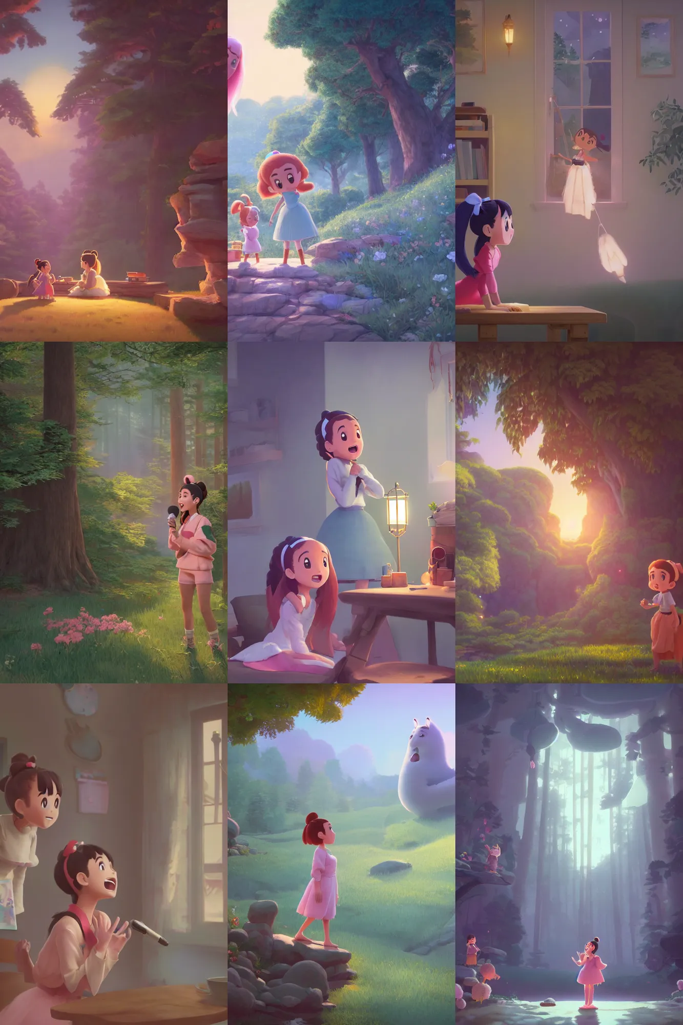 Prompt: a wholesome cottagecore illustration of Ariana Grande singing, singing, studio Ghibli, Pixar and Disney animation, sharp, Rendered in Redshift and Unreal Engine 5 by Greg Rutkowski, Bloom, dramatic lighting
