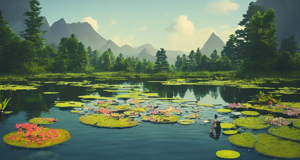 Prompt: A beautiful calm pond full of lilypads infront of a scenic mountain range, rendered by Beeple, Makoto Shinkai, syd meade, simon stålenhag, environment concept, digital art, unreal engine, WLOP, trending on artstation, low level, 4K UHD image, octane render,