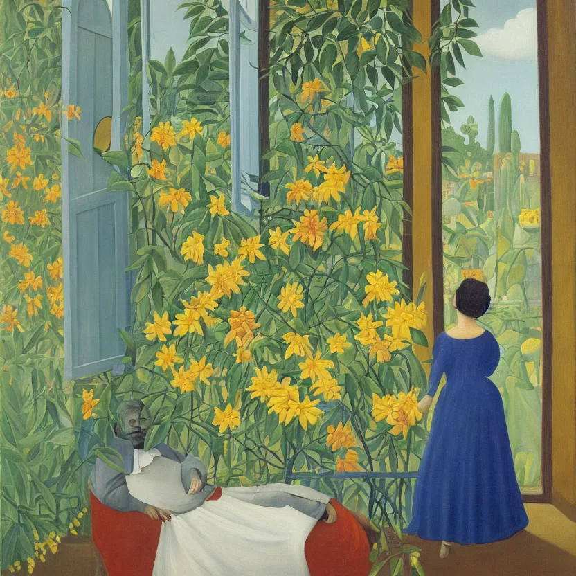 Prompt: a painting in the style of henri rousseau, a man looks through the window of an old house and sees a woman in a blue dress surrounded by sun flowers