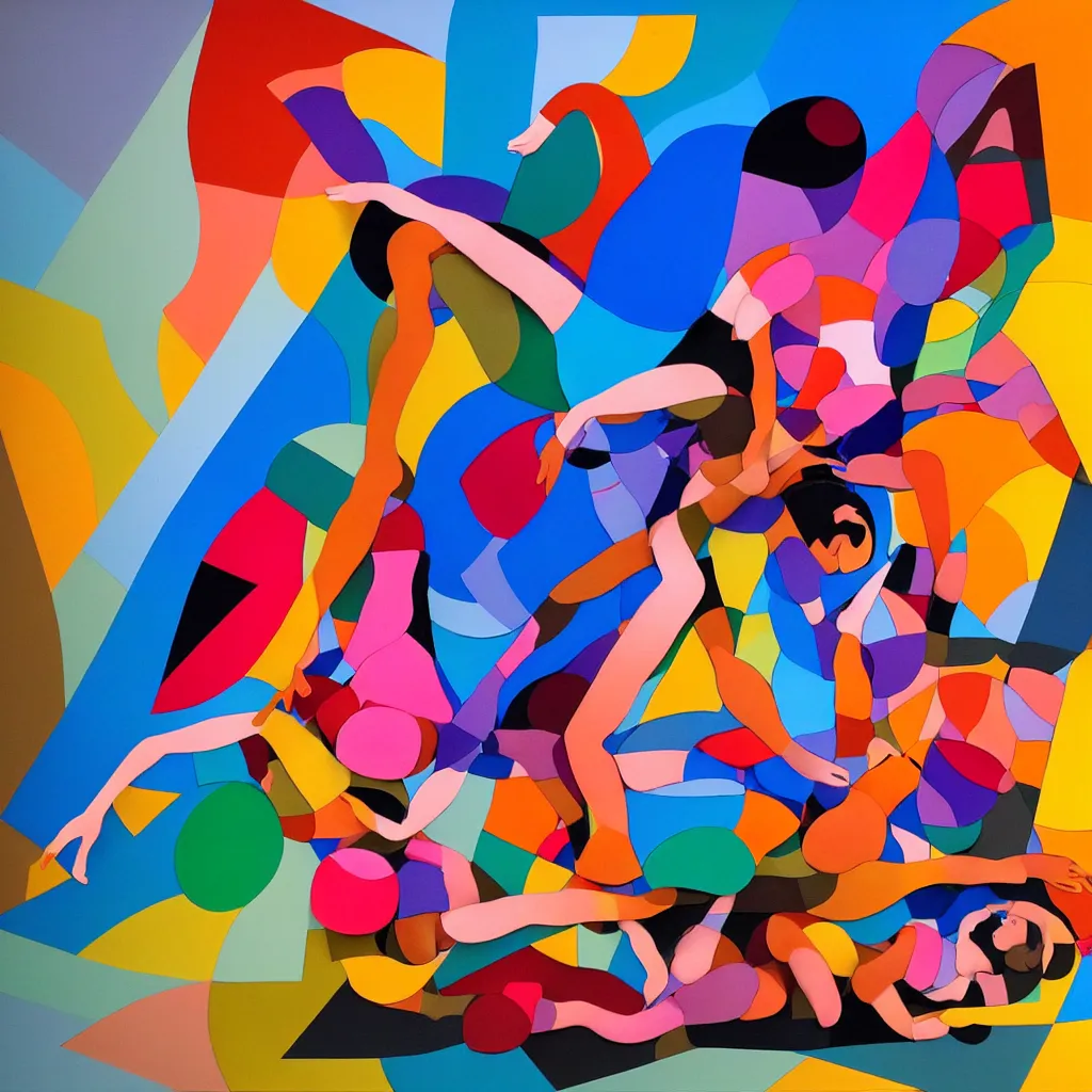 Image similar to kinetic sculpture of the two humans bodies collapsing each other, colorful, contemporary art, masterpiece, peaceful, romantic, geometric, symetrical, symetrical composition, in the style of Lori Earley and Antoine Blanchard