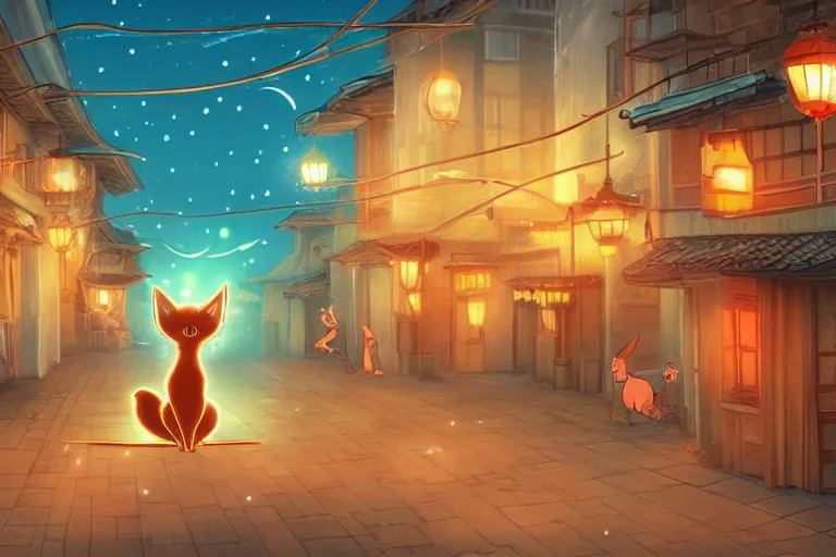 Image similar to fantasy art of glowing cute caracal swimming in the air, in the streets of a japanese town at night, with people watching in wonder, in the style of ponyo, highly detailed digital art, trending on artstation