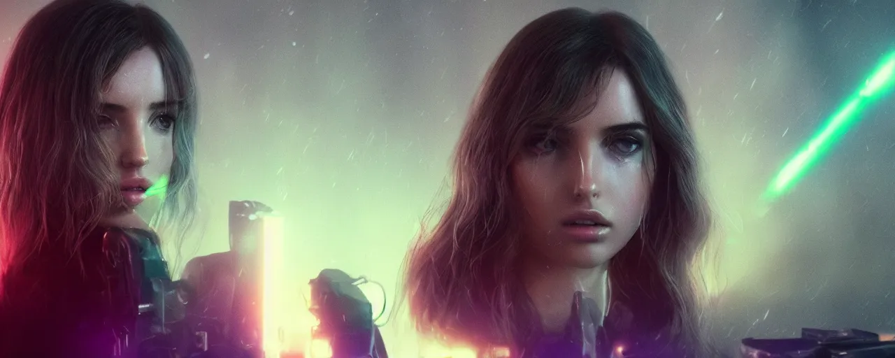 Image similar to breathtakingly beautiful Ana de Armas in blade runner 2049, long flowing hair, laser cannon, 8k, trending on artstation, unreal engine, purple neon, green rain