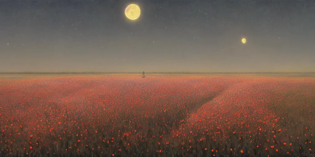 Prompt: field of flowers at night, lit by moonlight, landscape art by donato giancola and greg rutkowski, digital art, trending on artstation, symmetry!!, volumetric lighting