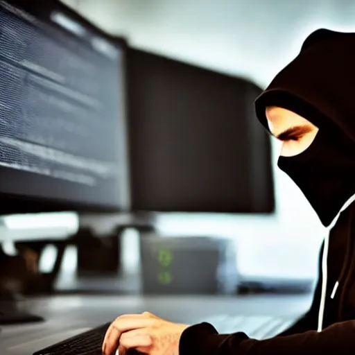 Image similar to realistic photo of hacker, dark background, hood, face doesn't visible, computer, extremely detailed, sharp focus, masterpiece,