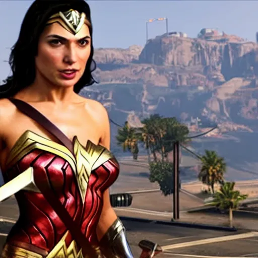 Image similar to Gal Gadot as Wonder Woman juggling knives in GTA 5.