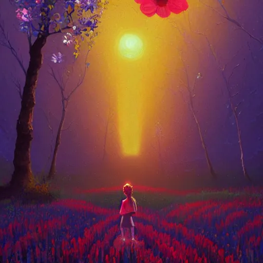 Prompt: girl with giant flower as a face, flower field, big trees, sunrise dramatic light, impressionist painting, colorful clouds, digital painting, pointillism, artstation, simon stalenhag