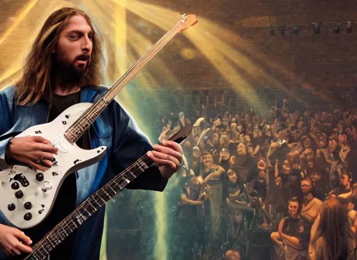 Prompt: metal jesus rocks playing an electric guitar in front of an audience of angels, movie still, 8 k