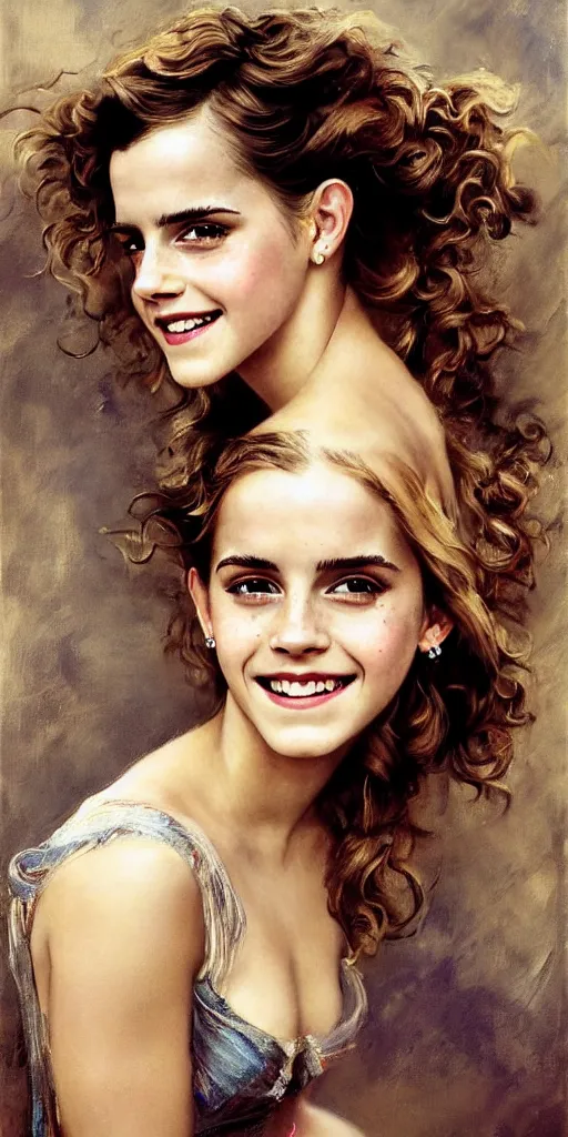 Prompt: emma watson smiling smiling smiling detailed portrait curly updo wet hair painting by gaston bussiere craig mullins j. c. leyendecker photograph by richard avedon peter lindbergh annie leibovitz