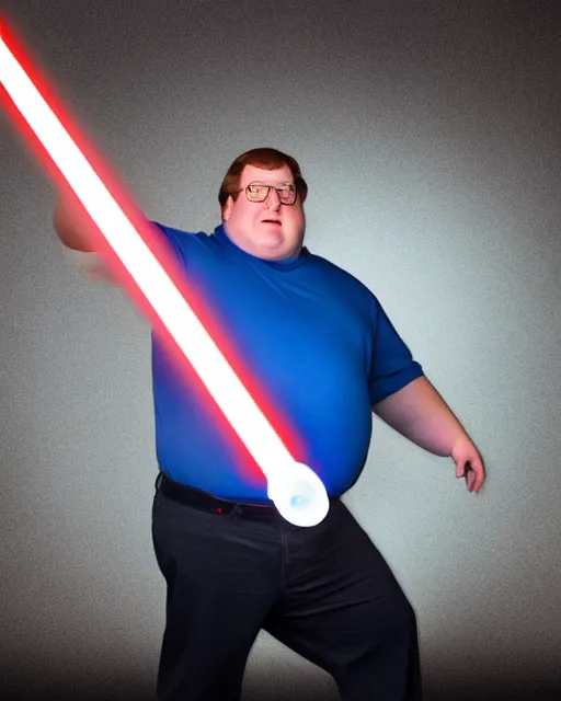 Prompt: Studio Photograph of a real life Peter Griffin from Family Guy dressed as Han Solo and Holding a glowing light saber in the Style of Annie Leibovitz,