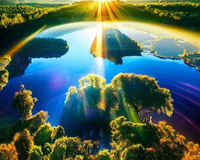 Image similar to the world seen from above. 16k utopian future serene beautiful landscape photography of the garden of eden. lake reflections in the foreground, fruit tree's and animals everywhere. sun rays shining through the trees. lens flare. sunset, dramatic lighting by Marc Adamus on mushrooms.