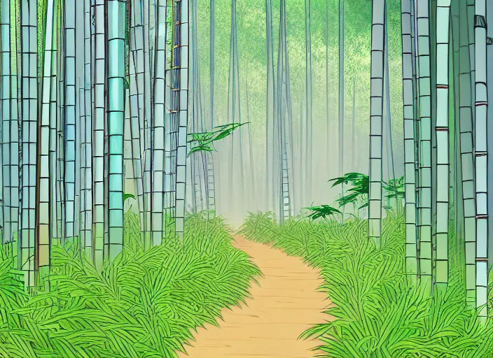 Image similar to deep in a misty japanese bamboo forest, small river, sunny, cartoony, 9 0 s anime style, soft, realistic lighting, by ghibli studio, arcane, wild rift, trending on artstation, 4 k, hd