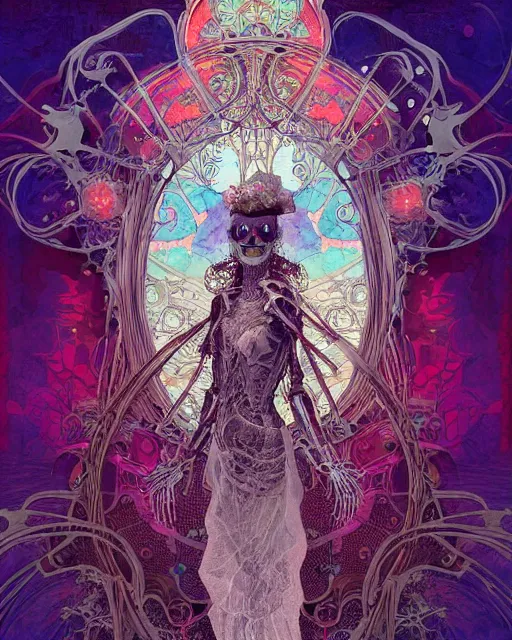 Prompt: glitch art bionic skeleton ghost, glitches, vaporwave, highly detailed, very intricate, art nouveau, filigree, romantic storybook fantasy, harsh lighting, award - winning, disney concept art watercolor illustration by mandy jurgens and alphonse mucha and alena aenami, glitch color palette, featured on artstation