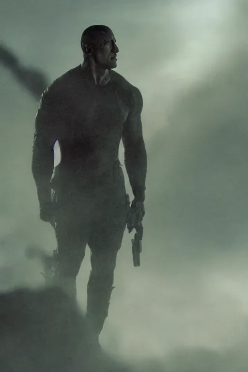 Image similar to An epic cinematic film still of Dwayne Johnson in the movie Blade Runner: 2049.