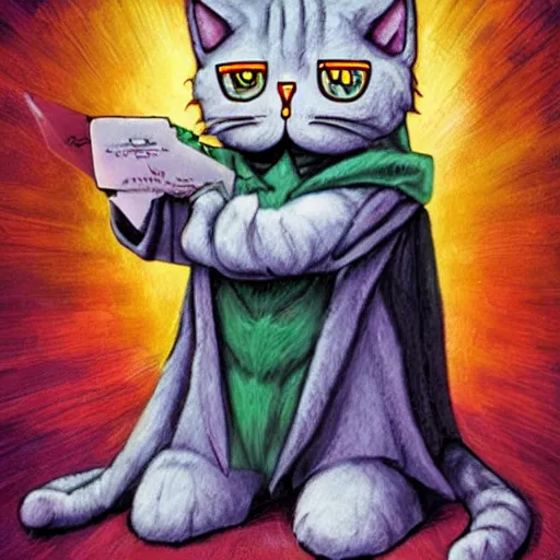 Prompt: Super math wizard cat, in style of Gerald Brom