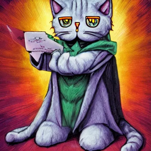 Image similar to Super math wizard cat, in style of Gerald Brom