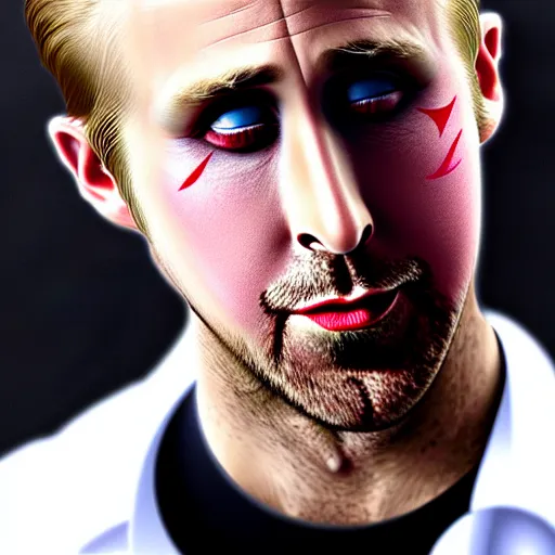 Image similar to ryan gosling with his face painted black and his lips painted red wearing a white shirt, digital art, highly detailed