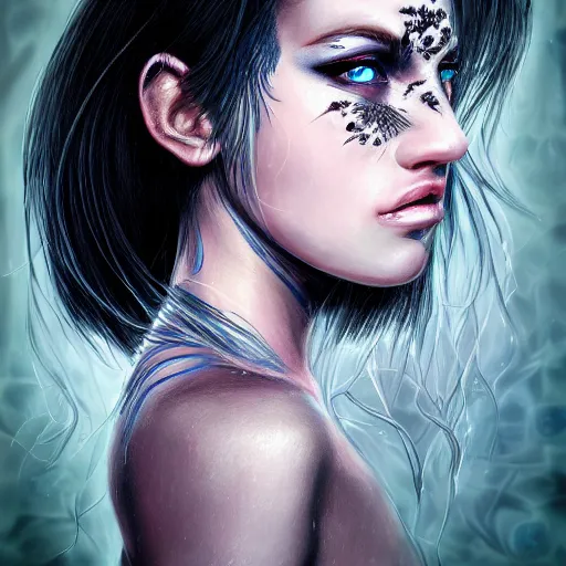 Prompt: photorealistic portrait of beautiful monster girl, black hair, blue eyes, glowing skin, detailed face, sharp focus