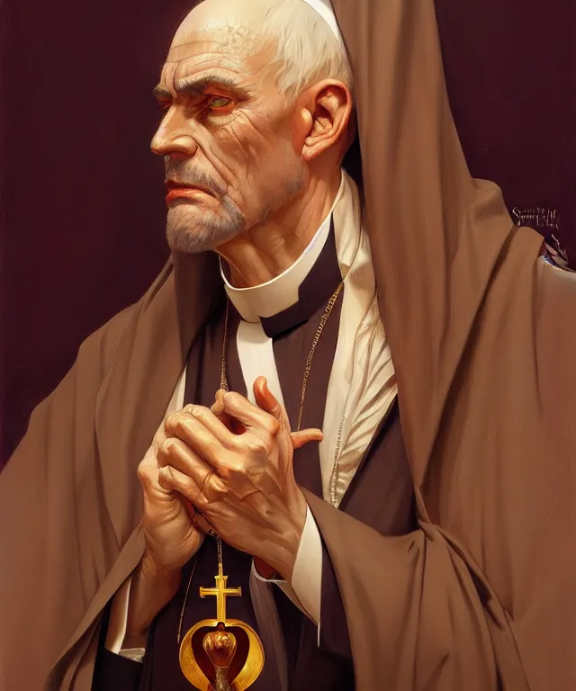 Prompt: a greedy preacher, an evil Catholic priest, portrait, intricate, elegant, highly detailed, digital painting, artstation, concept art, smooth, sharp focus, illustration, art by artgerm and greg rutkowski and alphonse mucha