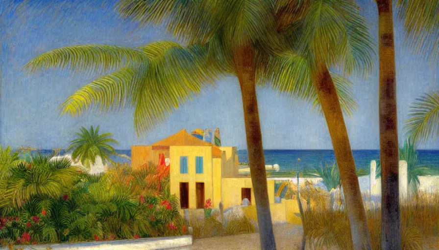 Prompt: a house designed by jules bastien - lepage, tarsila do amaral, frank weston and gustave baumann, beach, trending on artstation, mediterranean, palm trees, sharp focus, colorful refracted sparkles and lines, soft light, 8 k 4 k