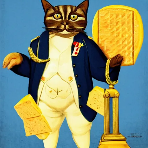 Image similar to a propaganda poster depicting a realistic looking cat dressed as french emperor napoleon holding a piece of cheese