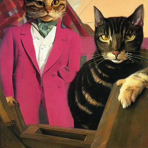 Prompt: Portrait of Man disguised as Tabby Cat wearing a pink tuxedo Standing atop a Garbage Truck Newell Convers Wyeth Andrew Wyeth Jamie Wyeth