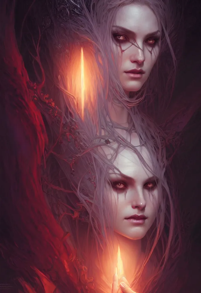 Image similar to Necromancer Sorceress face in center, fantasy magic, undercut hairstyle, dark light night, intricate, elegant, sharp focus, illustration, highly detailed, digital painting, concept art, matte, art by WLOP and Artgerm and Greg Rutkowski and Alphonse Mucha, masterpiece