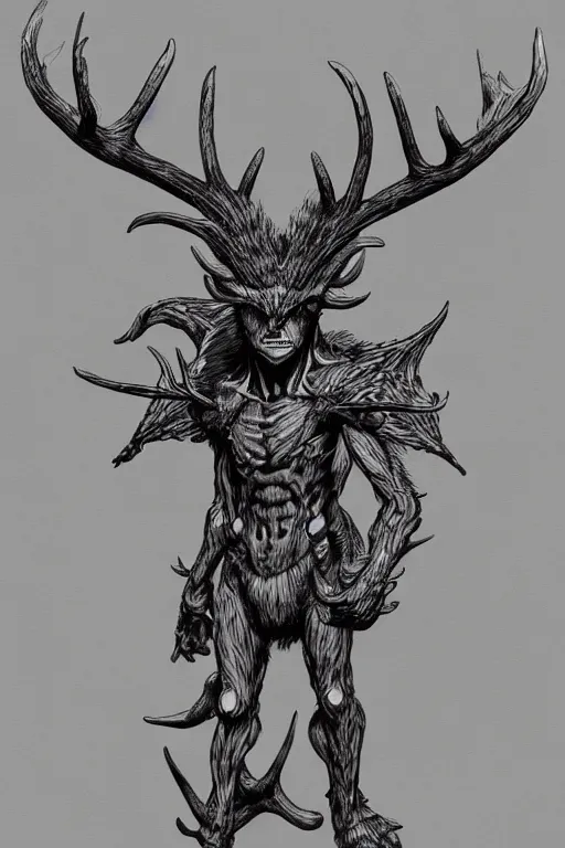 Image similar to humanoid figure monster with antlers, highly detailed, digital art, sharp focus, trending on art station, kentaro miura manga art style