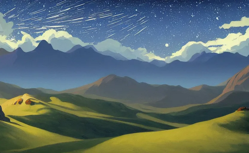 Prompt: mountains, stars and paisley filled sky, artstation, intricate, highly detailed, digital painting, concept art, sharp focus, illustration by Edward Hopper and Charles Williams