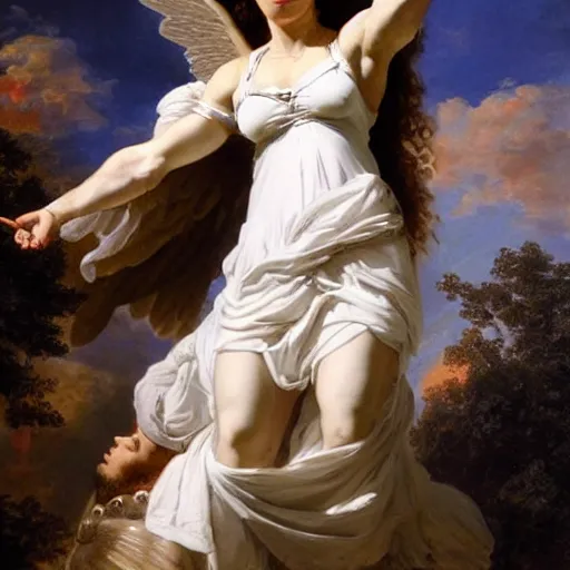 Image similar to Portrait of Serena Williams with wings as Nike Goddess standing proud, large wings, luxuriant, dreamy, eternity, romantic, strong pose, highly detailed, in the style of Franz Xaver Winterhalter, highly detailed, in the style of Aetherpunk