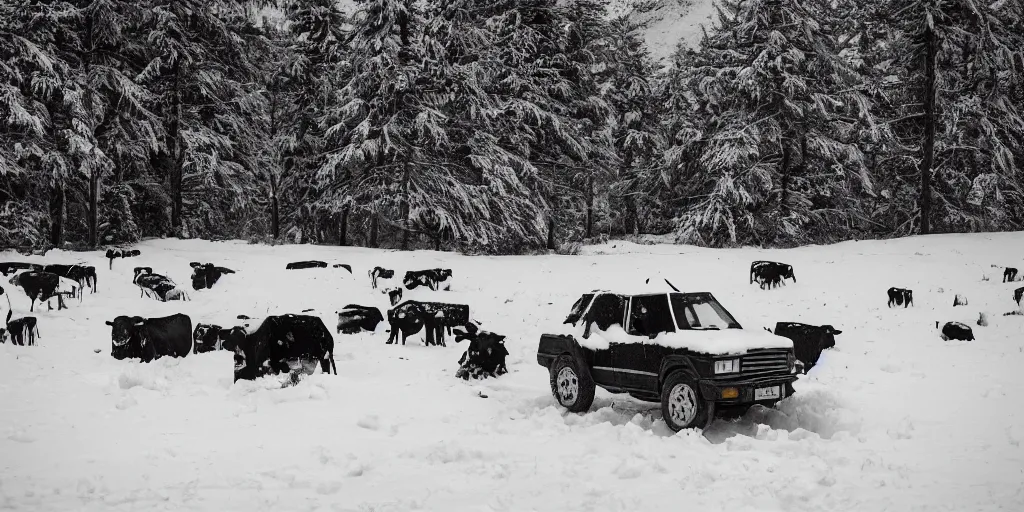 Prompt: a geo tracker parked in snow, surrounded by a herd of cows, photography