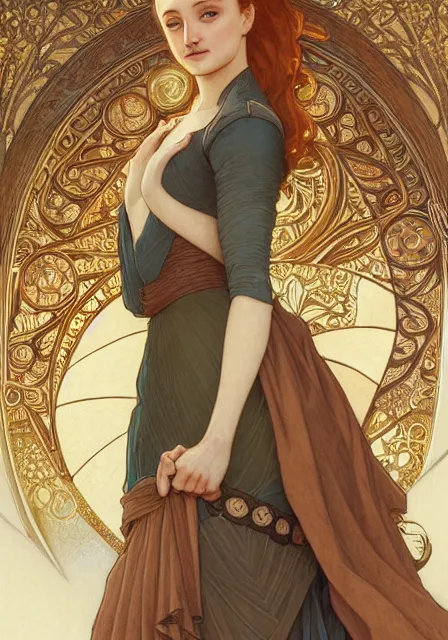 Image similar to sansa stark in sanset, intricate, elegant, highly detailed, digital painting, artstation, concept art, smooth, sharp focus, illustration, art by artgerm and greg rutkowski and alphonse mucha and william - adolphe bouguereau