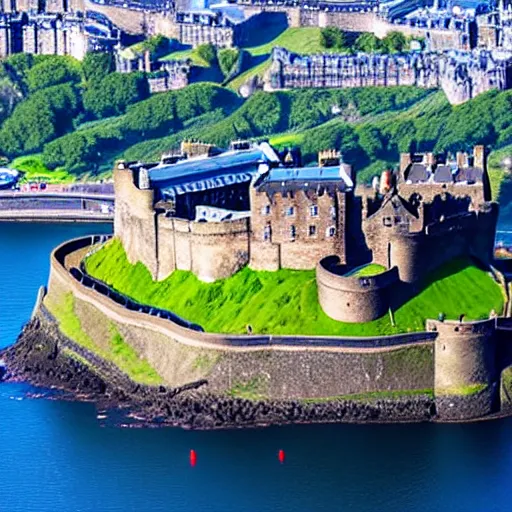 Prompt: aerial photo of edinburgh castle with a background of open ocean background