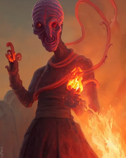 Image similar to tentacled [ squidward ], detailed face, wearing fire nation clothing and practicing firebending outside at susnset, [ greg rutkowski ]